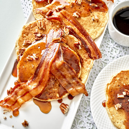 Buttermilk-Pecan Pancakes with Candied Bacon