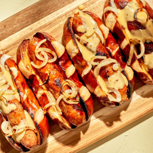 Brats with beer cheese sauce